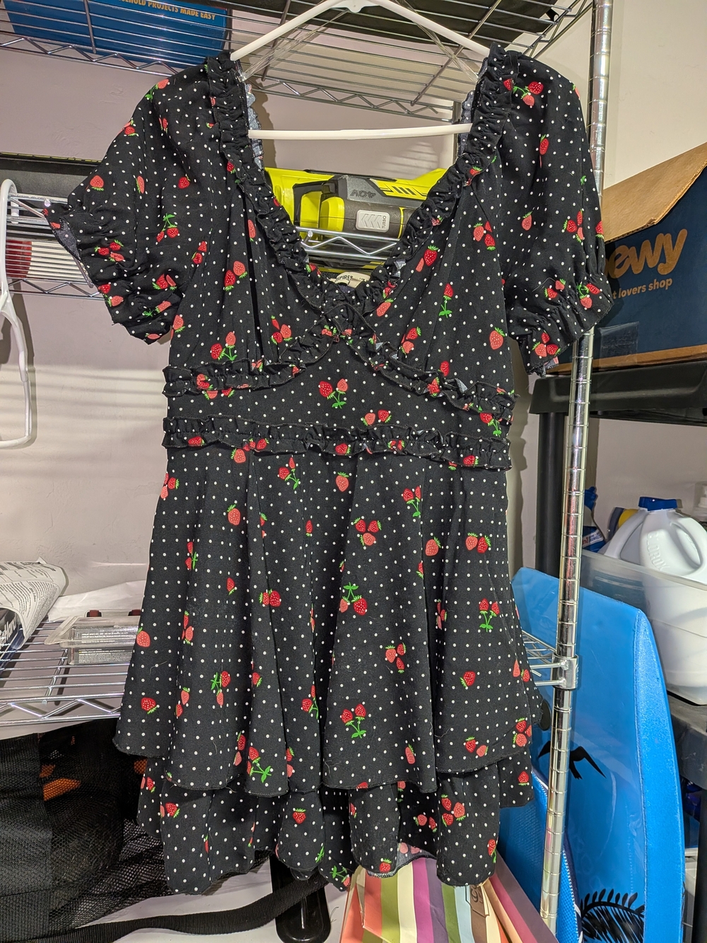 Inspired Hearts Black Polka Dot Romper with Red Strawberry Print